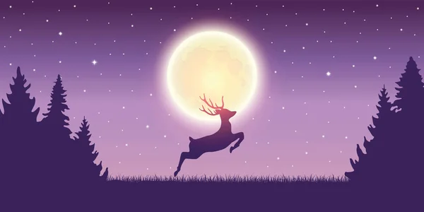 Jumping deer in the nature by moon light — Stock Vector