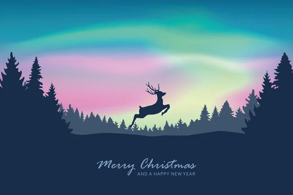 Tarjeta de felicitación de Navidad con ciervos saltando en el fondo del cielo aurora berealis — Archivo Imágenes Vectoriales