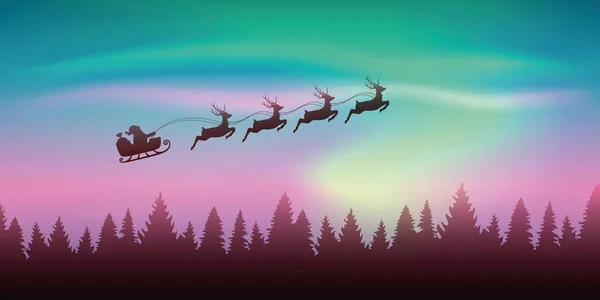 Banner de navidad santa claus en un trineo con renos sobre fondo polar claro — Vector de stock