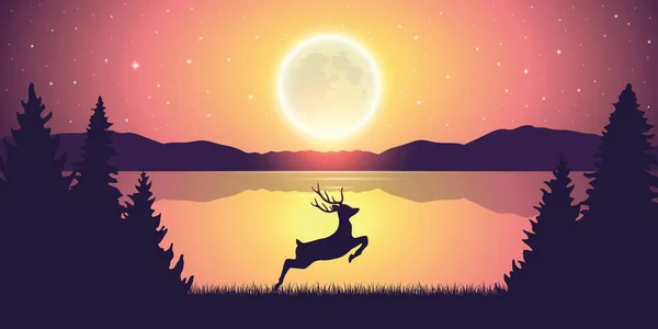 月の光で湖のそばで鹿をジャンプし — ストックベクタ