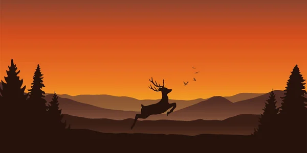 Ormanda, turuncu renklerde dağ manzarasında zıplayan geyik. — Stok Vektör