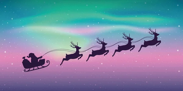 Banner de navidad santa claus en un trineo con renos sobre fondo polar claro — Vector de stock