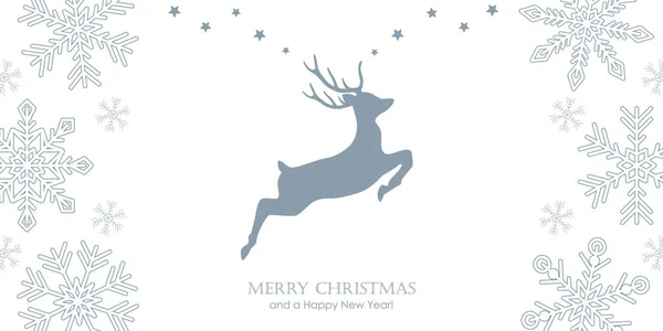 Χριστουγεννιάτικη ευχετήρια κάρτα με άλμα ελάφια και νιφάδες χιονιού σύνορα — Διανυσματικό Αρχείο