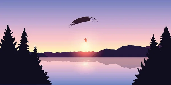 Aventura en parapente junto al lago en el hermoso amanecer — Archivo Imágenes Vectoriales