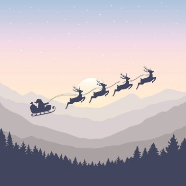 Noel bayrağı Noel Baba, dolunayda ren geyiğiyle kızakta.