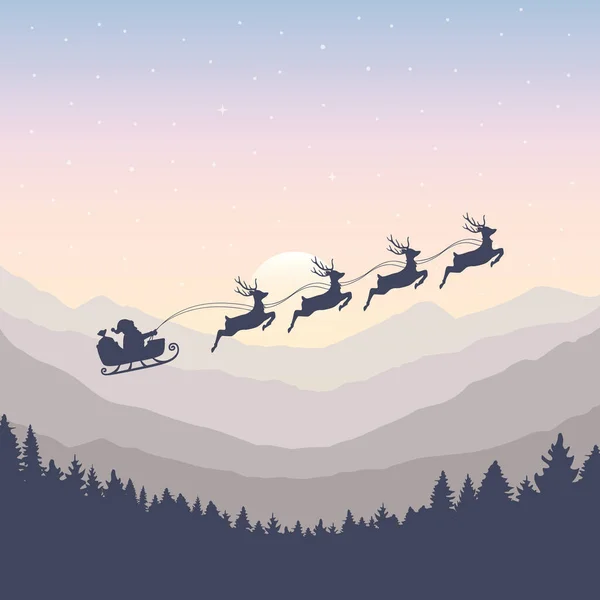 Navidad bandera santa claus en un trineo con renos por luna llena — Vector de stock