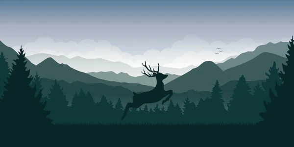 Wildlife deer on green mountain and forest landscape — Stock Vector