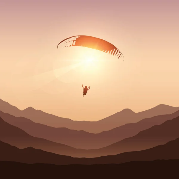 Αλεξίπτωτο πλαγιάς στον ηλιόλουστο ουρανό από το ηλιοβασίλεμα στα βουνά — Διανυσματικό Αρχείο