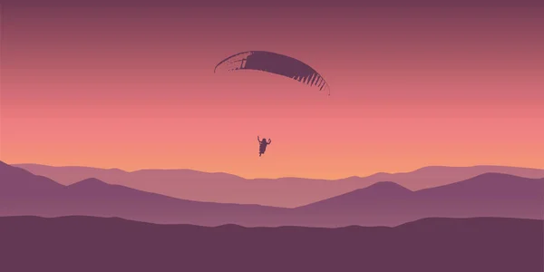 Parapendio avventura su sfondo viola montagna — Vettoriale Stock