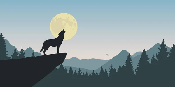 Wolf huilt bij volle maan natuur landschap — Stockvector