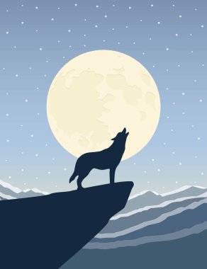 Kurt karlı dağ manzarasında dolunayda uluyor.