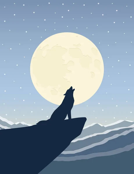 Kurt karlı dağ manzarasında dolunayda uluyor.