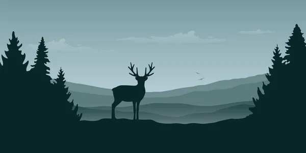 Vida silvestre renos vista a la montaña en la niebla — Vector de stock