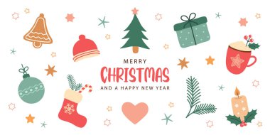 Süslü Noel tebrik kartı. Kış elementleri izole edilmiş vektör illüstrasyonu.