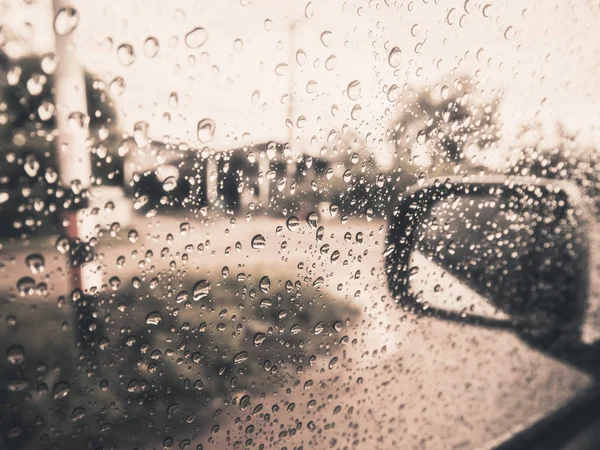 Rain Drops Side Glass Car While Running Road Reflection Side — Stock Photo, Image