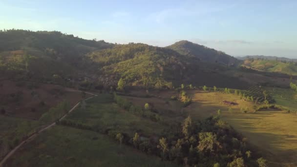 空中观景 日出时带着美丽的云彩和天空飞越高山和森林 鸟瞰鸟瞰的自然景观 — 图库视频影像