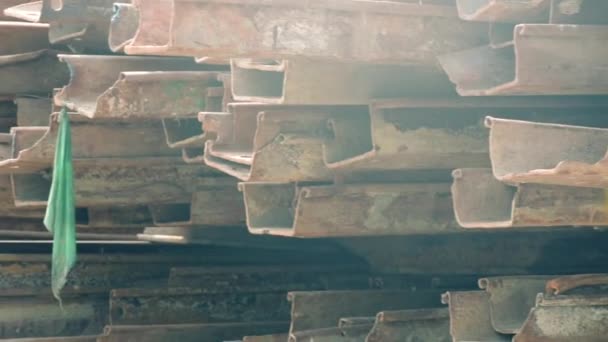 Estacas Folha Pilha Close Aço Tecnologia Parede Proteção Canteiro Obras — Vídeo de Stock