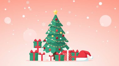 Süslü Noel ağacı tasviri. Kırmızı arka planda Noel Baba şapkası ve fiyonklu hediye kutuları.