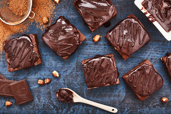 Homemade Chocolate Brownies Dark Blue Background Top View — Stock Photo, Image