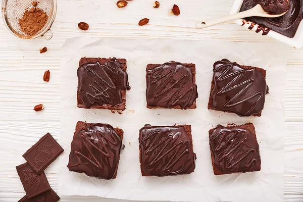 Homemade Chocolate Brownies White Wooden Background Top View — Stock Photo, Image