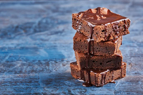 Homemade Chocolate Brownies Dark Blue Background — Stock Photo, Image