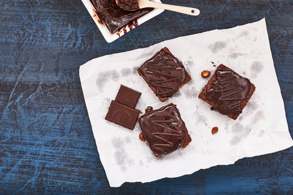 Homemade Chocolate Brownies Dark Blue Background Top View — Stock Photo, Image