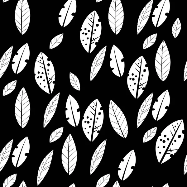 Modèle Feuilles Contour Sans Couture Vectoriel Fond Noir Blanc Illustration — Image vectorielle