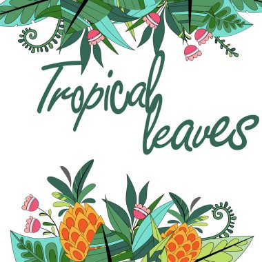 Yeşil yaz tropikal arka plan egzotik palmiye yaprakları ve çiçekleri ile. Vektör çiçek arka plan.