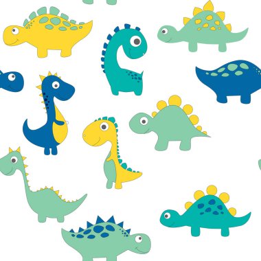 Moda kıyafetleri, kumaşlar ve tişörtler için çocuksu dinazor desenleri. el çizilmiş vektör