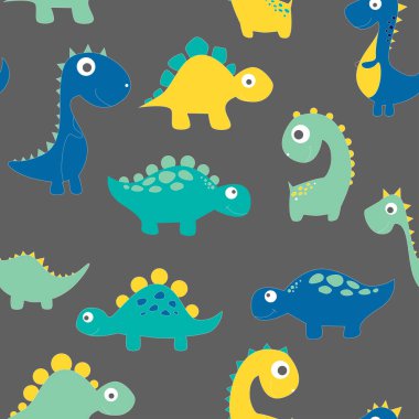 Moda kıyafetleri, kumaşlar ve tişörtler için çocuksu dinazor desenleri. el çizilmiş vektör