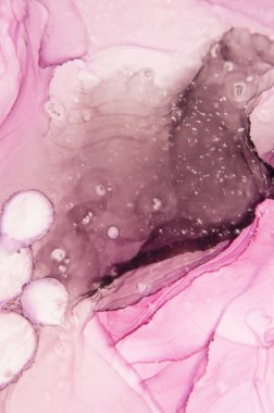 Modern tarz trendler. Mor arka planda sıvı mürekkep. Mürekkep, boya, soyut. Tabloya yakın çekim. Renkli soyut resim arkaplanı. Yüksek desenli yağlı boya. Yüksek kaliteli detaylar.