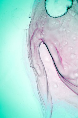 Modern tarz trendler. Mor arka planda sıvı mürekkep. Mürekkep, boya, soyut. Tabloya yakın çekim. Renkli soyut resim arkaplanı. Yüksek desenli yağlı boya. Yüksek kaliteli detaylar.