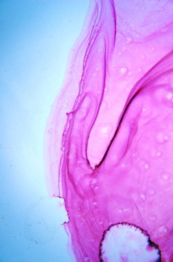 Modern tarz trendler. Mor arka planda sıvı mürekkep. Mürekkep, boya, soyut. Tabloya yakın çekim. Renkli soyut resim arkaplanı. Yüksek desenli yağlı boya. Yüksek kaliteli detaylar.