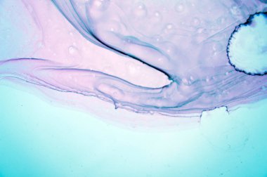 Modern tarz trendler. Mor arka planda sıvı mürekkep. Mürekkep, boya, soyut. Tabloya yakın çekim. Renkli soyut resim arkaplanı. Yüksek desenli yağlı boya. Yüksek kaliteli detaylar.