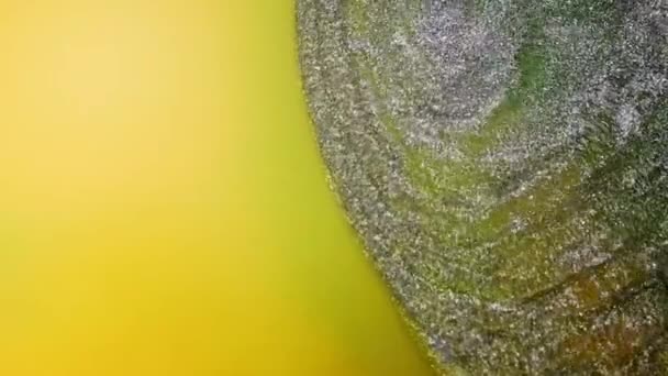 Parpadeo, movimiento de oro, partículas de plata en un líquido amarillo, verde, negro . — Vídeos de Stock