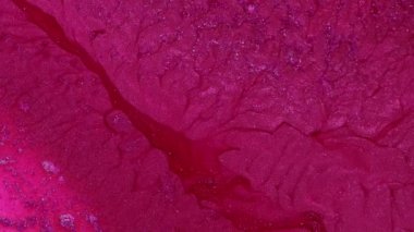 Gümüş parıltı parçacıkları ile pembe sıvı boya akışı. Bir organizmanın içindeki canlı hücrelerin hareketini ya da kuş gözüyle akan nehirleri anımsıyor..