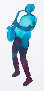 Bir caz müzisyeninin silueti suluboya renklerle çevrili saksafon çalar..