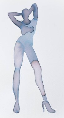 İnce bir figür yumuşak suluboya ve mürekkeple tasvir edilir, kollar havada ve bacaklar uzamış zarif bir poz sergiler. Yüksek topuklar zarif siluete çağdaş bir dokunuş ekler..