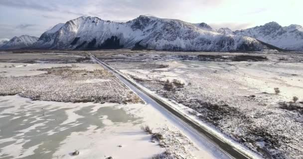 Route Dans Paysage Hivernal Épique Norvège Lofoten — Video