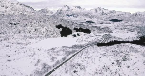 Jazdy Samochodem Drodze Epickiej Zimowego Krajobrazu Lofotach Norwegii — Wideo stockowe