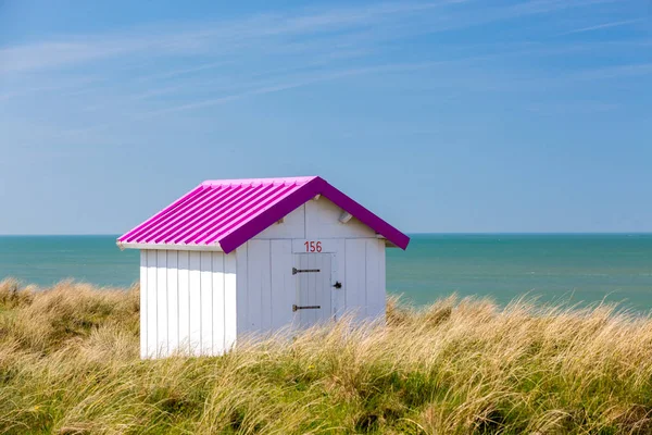 Colorful Wooden Beach Cabins Dunes Gouville Sur Mer Normandy France — Stock Photo, Image