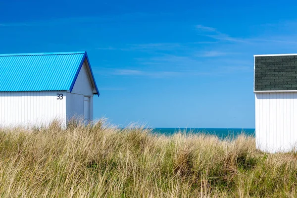 Colorful Wooden Beach Cabins Dunes Gouville Sur Mer Normandy France — Stock Photo, Image