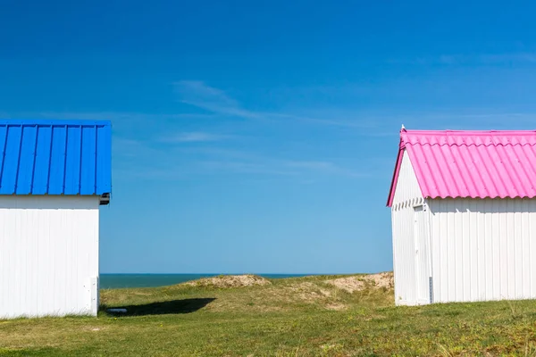 Colorful Wooden Beach Cabins Dunes Gouville Sur Mer Normandy France — Stock Photo, Image