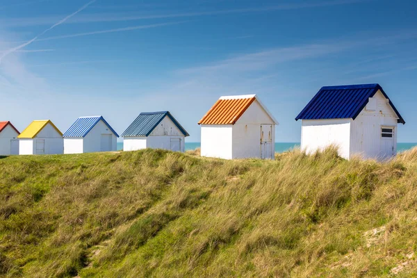 Colorful Wooden Beach Cabins Dunes Gouville Sur Mer Normandy France — Stock Photo, Image