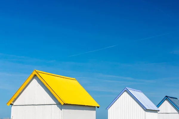 Colorful Wooden Beach Cabins Dunes Gouville Sur Mer Normandy France — Stock Photo, Image