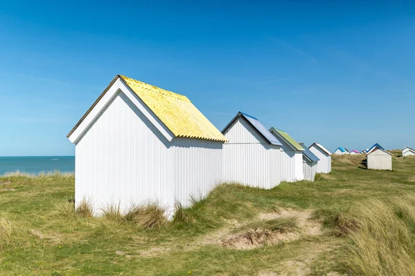 Colorful Wooden Beach Cabins Dunes Gouville Sur Mer Normandy France — Stock Photo, Image