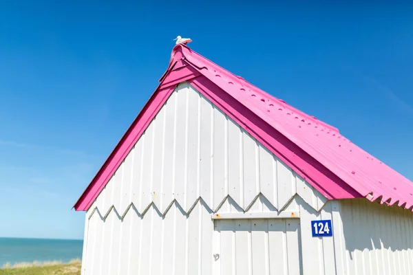 Cabanas Praia Coloridas Madeira Nas Dunas Gouville Sur Mer Normandia — Fotografia de Stock