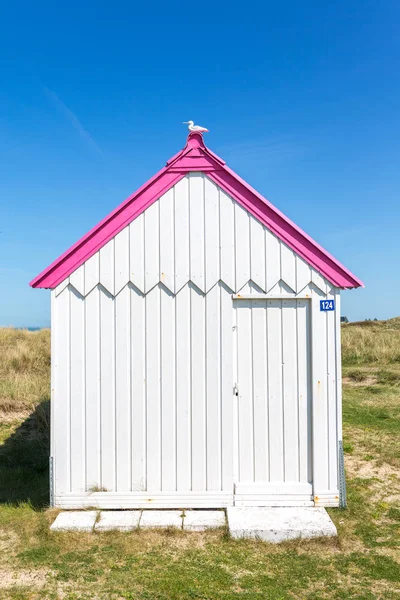 Cabanas Praia Coloridas Madeira Nas Dunas Gouville Sur Mer Normandia — Fotografia de Stock