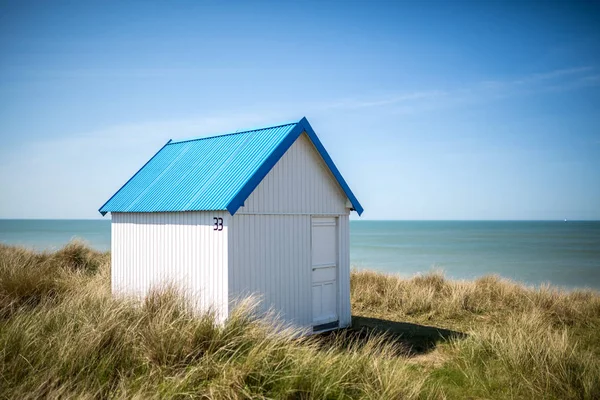 Colorful Wooden Beach Cabins Dunes Gouville Sur Mer Normandy France — Stock Photo, Image