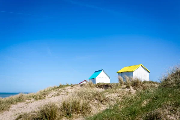 Farbenfrohe Strandhütten Aus Holz Den Dünen Gouville Sur Mer Normandie — Stockfoto